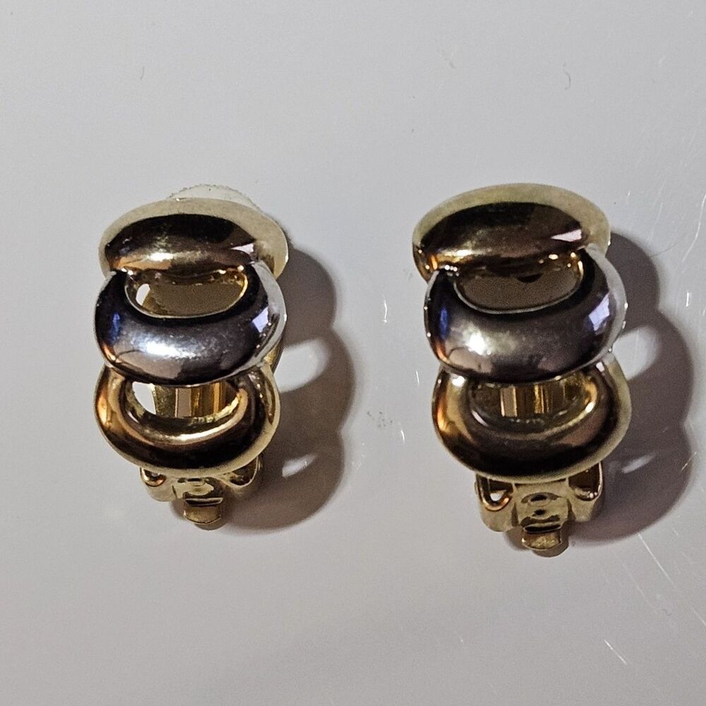 Vintage Gold Silver Tone Chunky Link Clip-on Earrings
